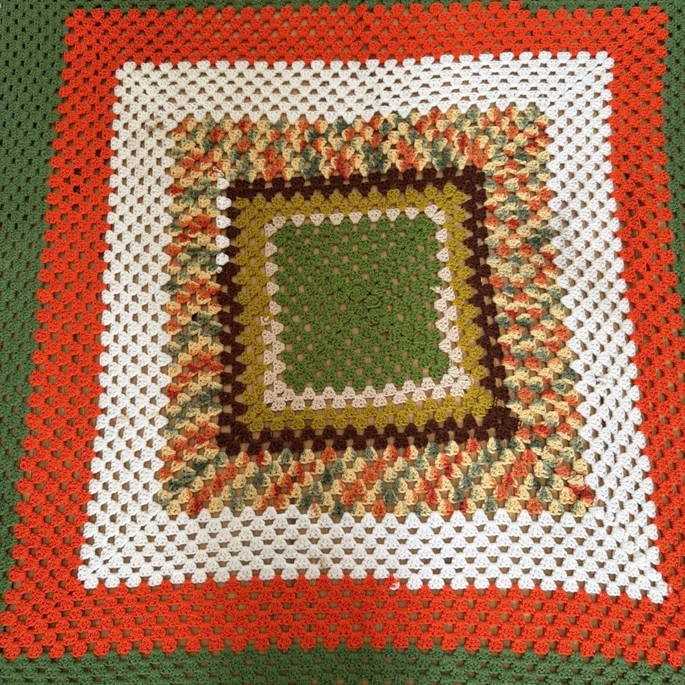 Vintage Hand Chrochet 70's Vibe Orange Green Brown Throw Blanket 63x63in